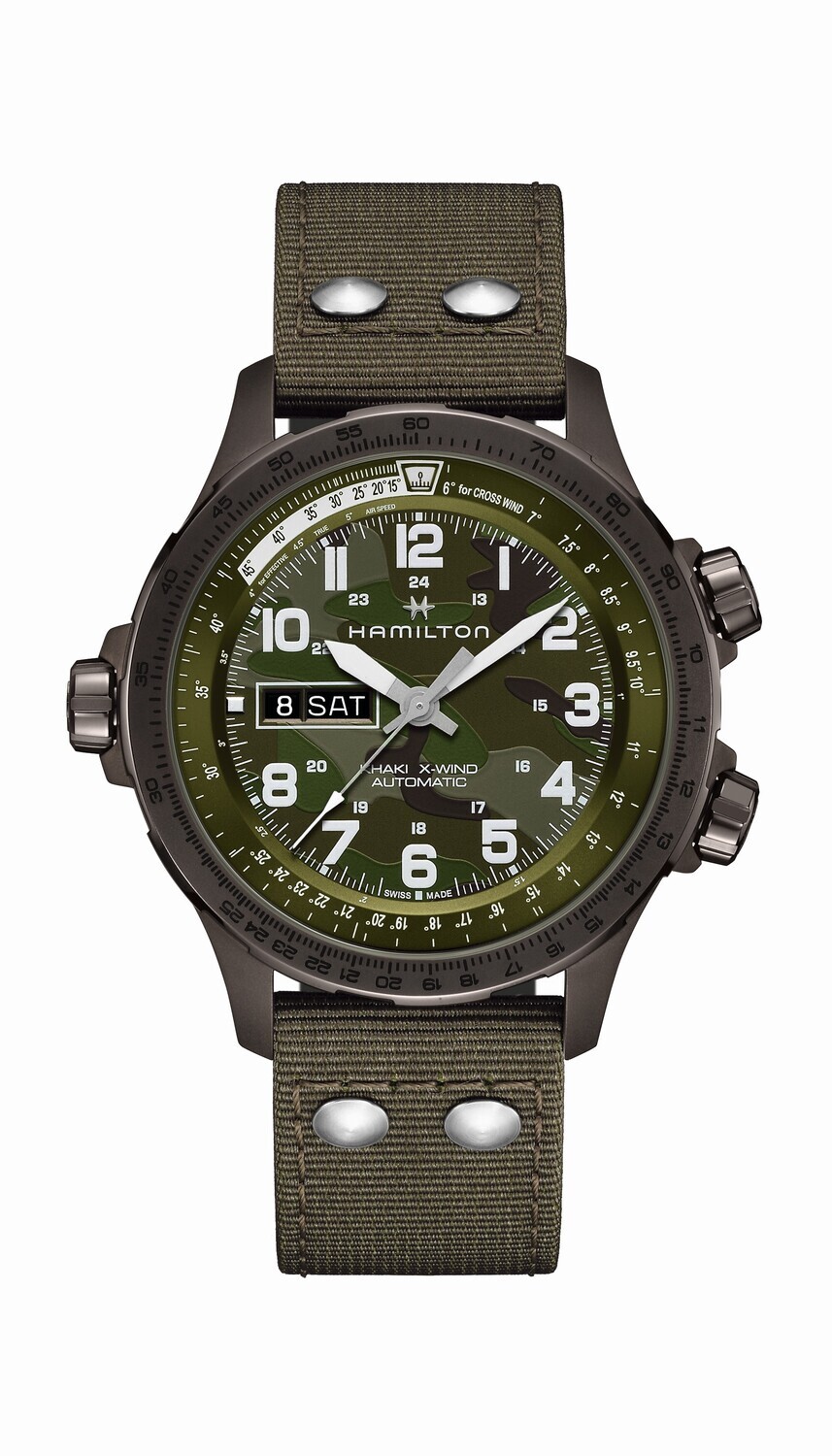 HAMILTON KHAKI AVIATION X-WIND AUTO 45MM CINTURINO PELLE VERDE MILITARE H77775960 HAMILTON KHAKI AVIATION X-WIND AUTO 45MM CINTURINO PELLE VERDE MILITARE H77775960
