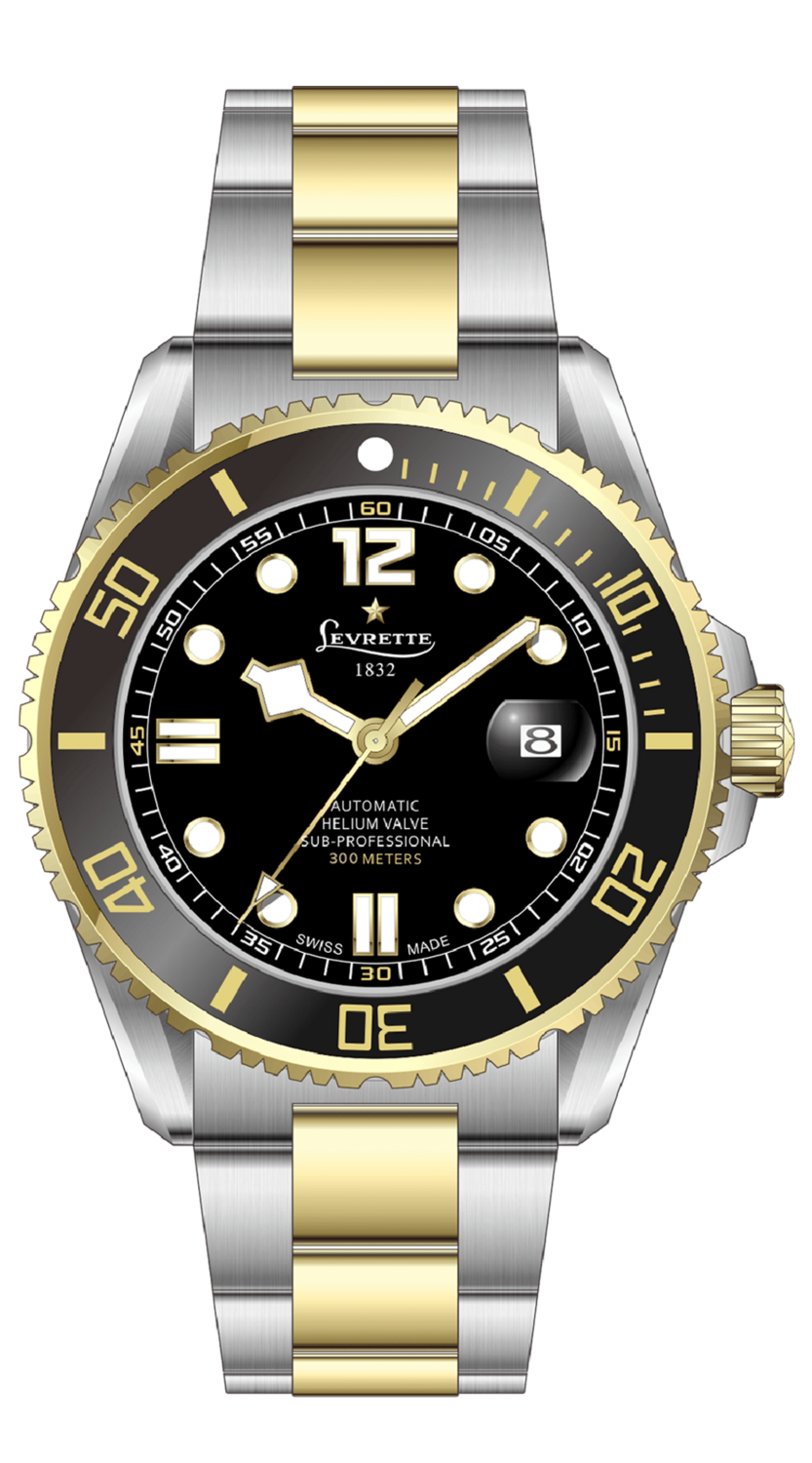 LEVRETTE 1832 LEVMASTER SUB-PROFESSIONAL 300 HELIUM VALVE 43MM ACCIAIO E PVD GOLD QUADRANTE NERO CON BRACCIALE BICOLOR AUTOMATIC LUNETTA CERAMICA 7004.21K.K62.B21