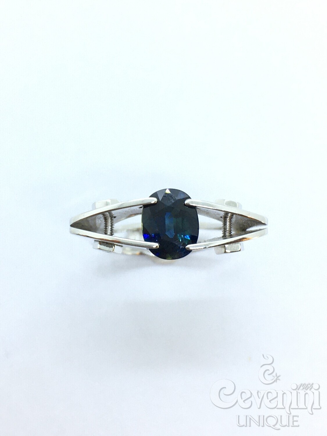 Anello Calla Cevenini Unique Oro Bianco 750‰ Con Zaffiro Blu Naturale E Diamanti Taglio Brillante
