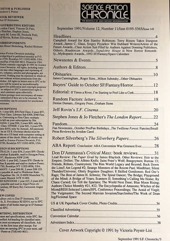 SCIENCE FICTION CHRONICLE Sept 1991: The Monthly SF and Fantasy Newsmagazine (Magazine, USED)