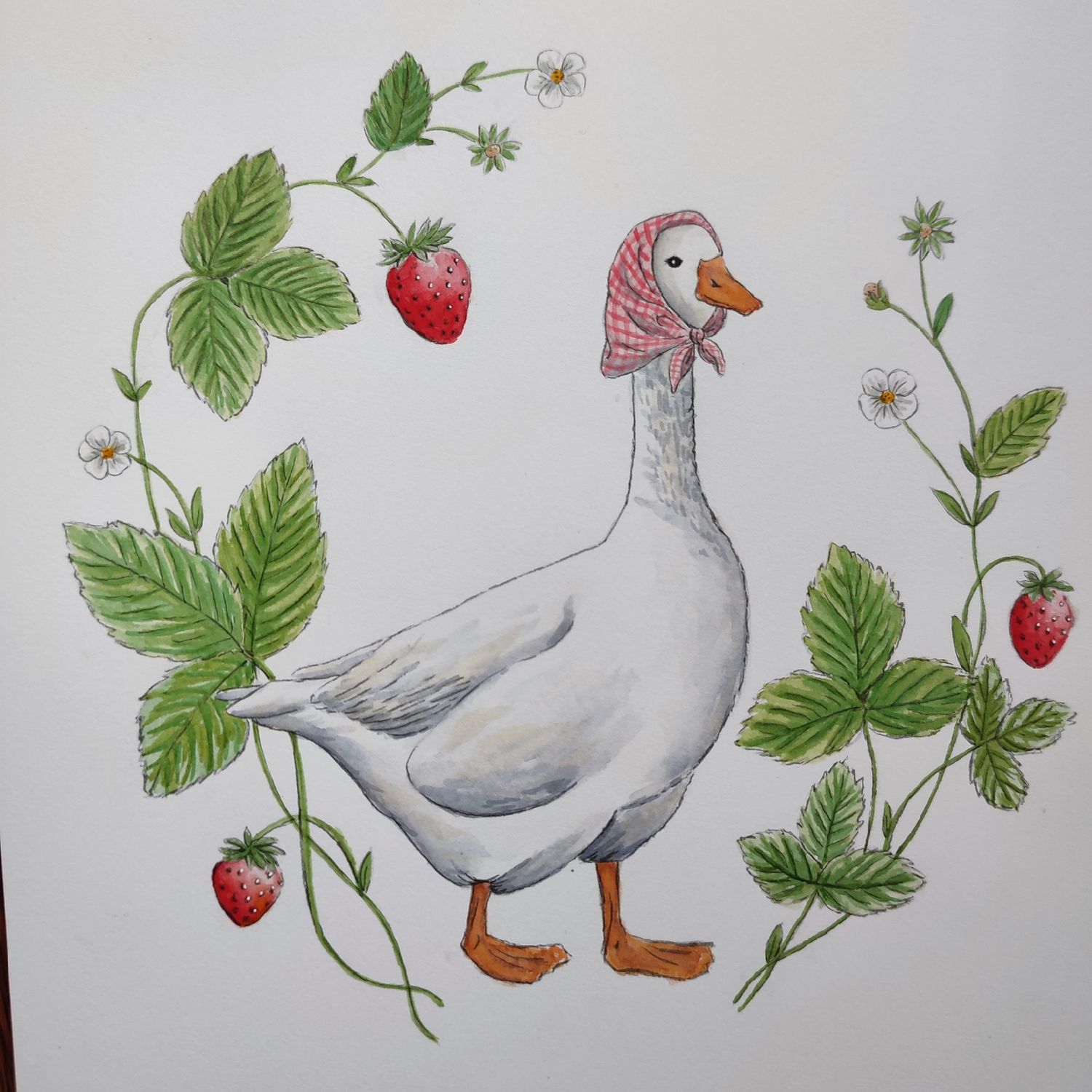 Aquarelle &quot;Oie dans les fraises&quot;