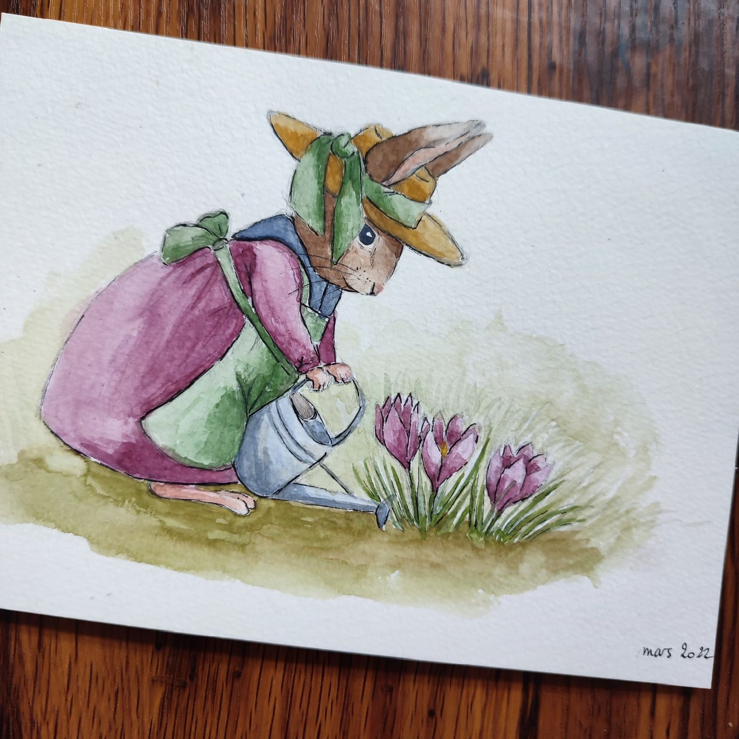 Aquarelle &quot;Lapine aux crocus&quot;