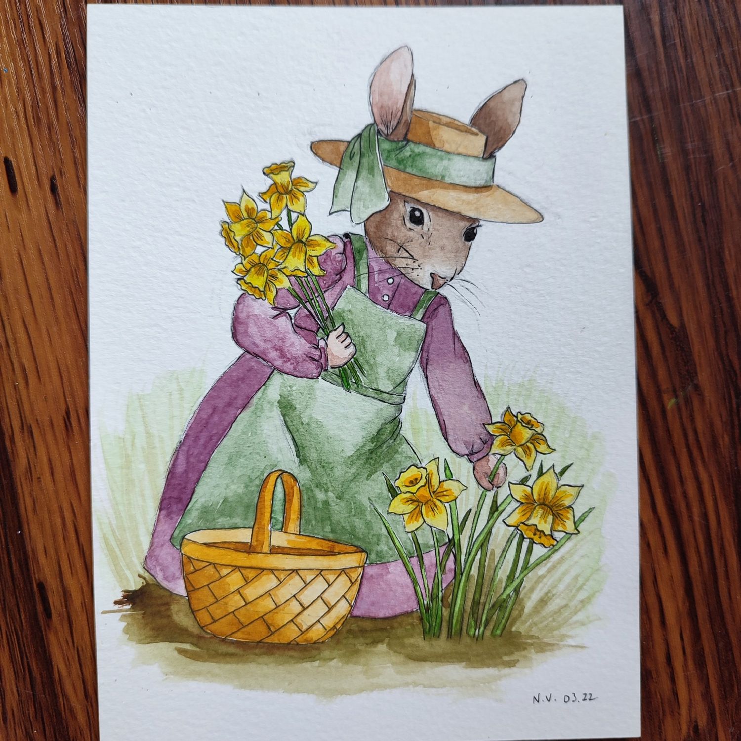 Aquarelle &quot;Lapine aux jonquilles&quot;
