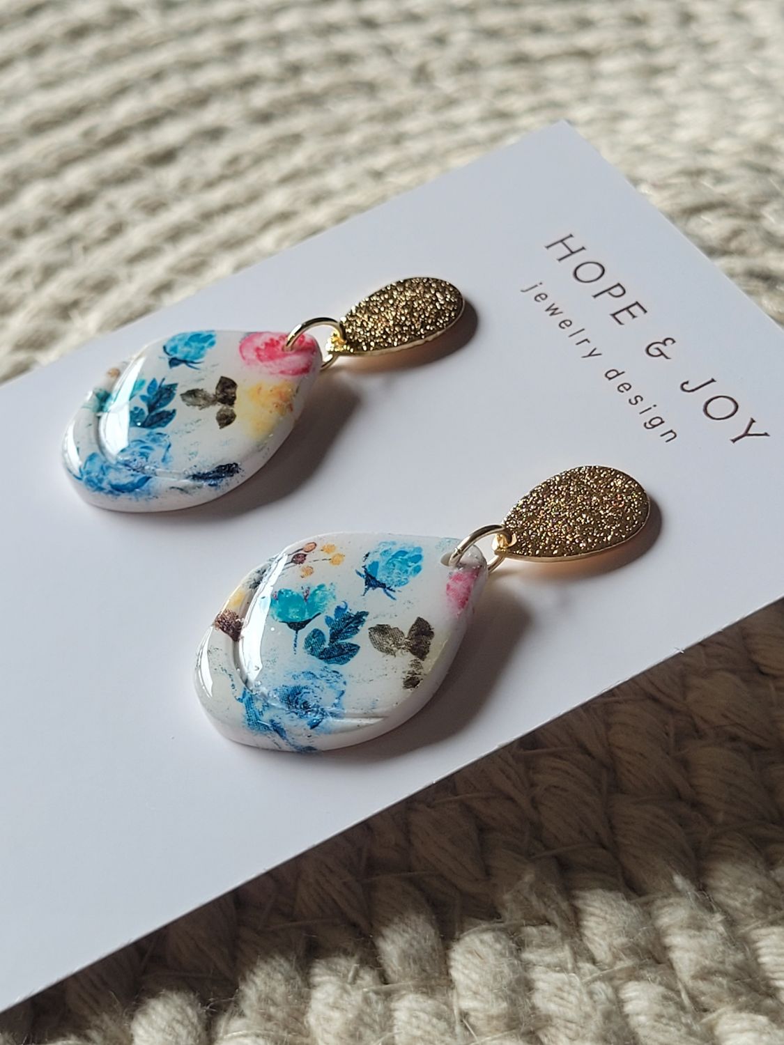 Blue and Pink Floral Drop Earrings