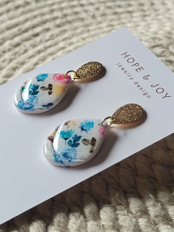 Blue and Pink Floral Drop Earrings