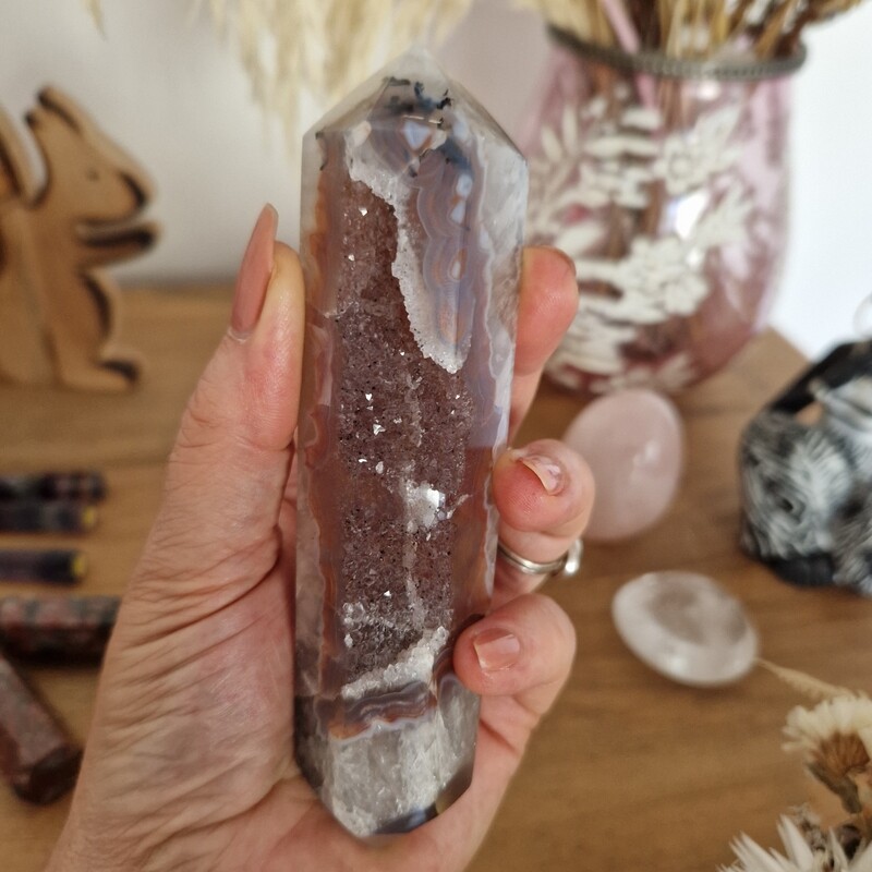 Pièce unique. Collection Brésil. Quartz drusy double terminaison. Cristal de roche, agate, améthyste.