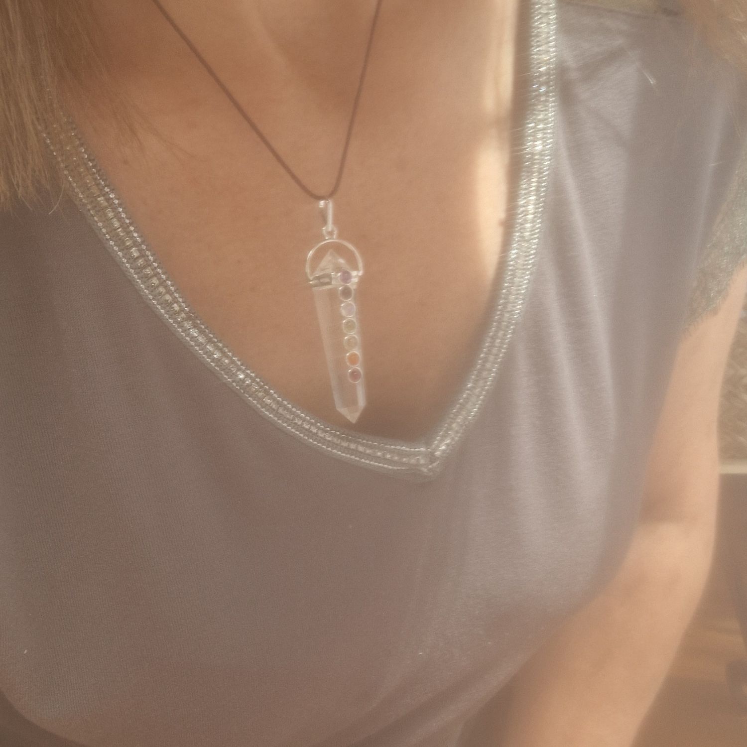 Pendentif 7 Chakras sur cristal de roche extra Pendentif 7 Chakras sur cristal de roche extra