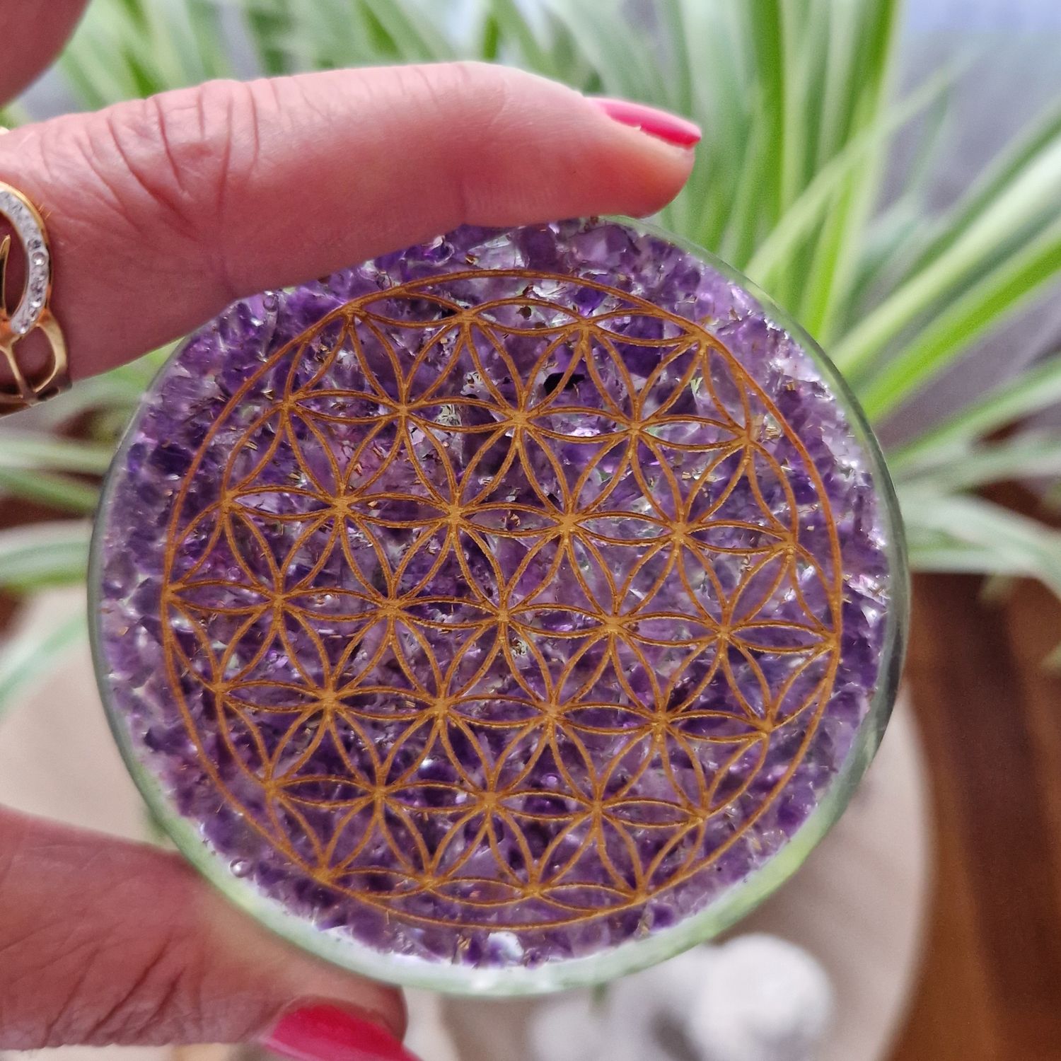 Disque orgonite fleur de vie et améthyste 8cm