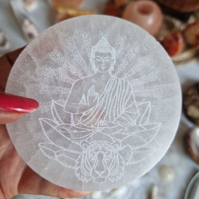 Disque en Sélénite - bouddha - Lotus - Lion 