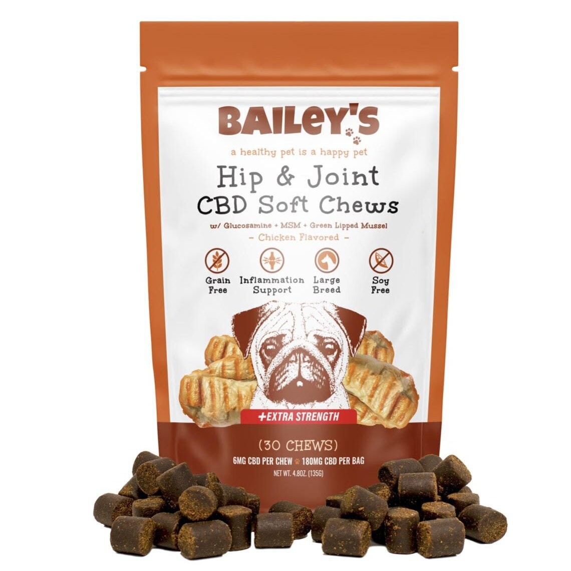 Bailey's Chicken Flavored Hip & Joint Extra Strength CBD Soft Chews Large Breeds, 30 Count Bag w/ 6 MG CBD Per Chew