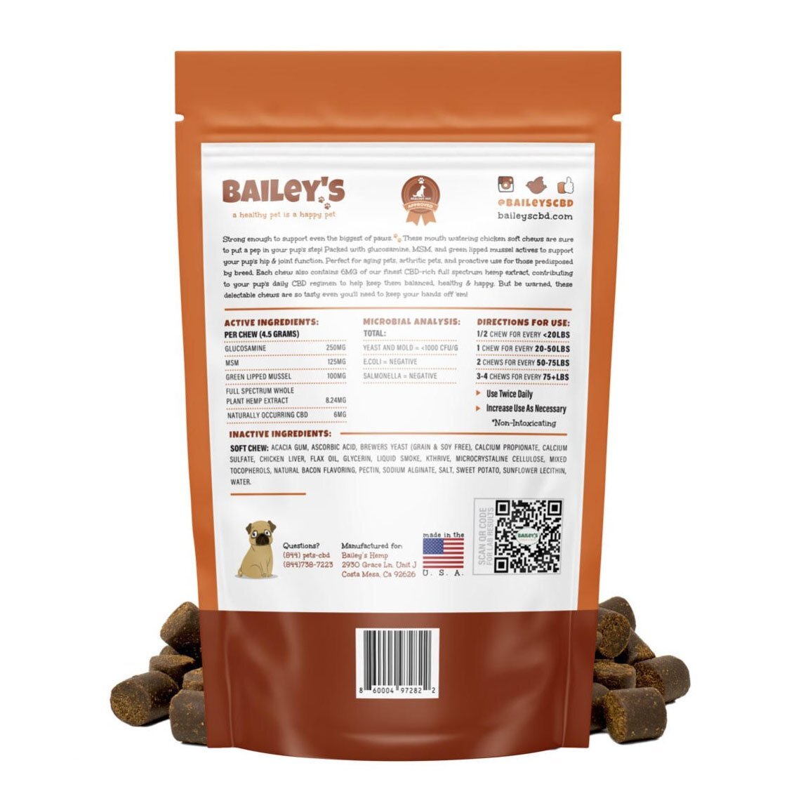 Bailey's Chicken Flavored Hip & Joint Extra Strength CBD Soft Chews Small Breeds, 30 Count Bag w/ 6 MG CBD Per Chew