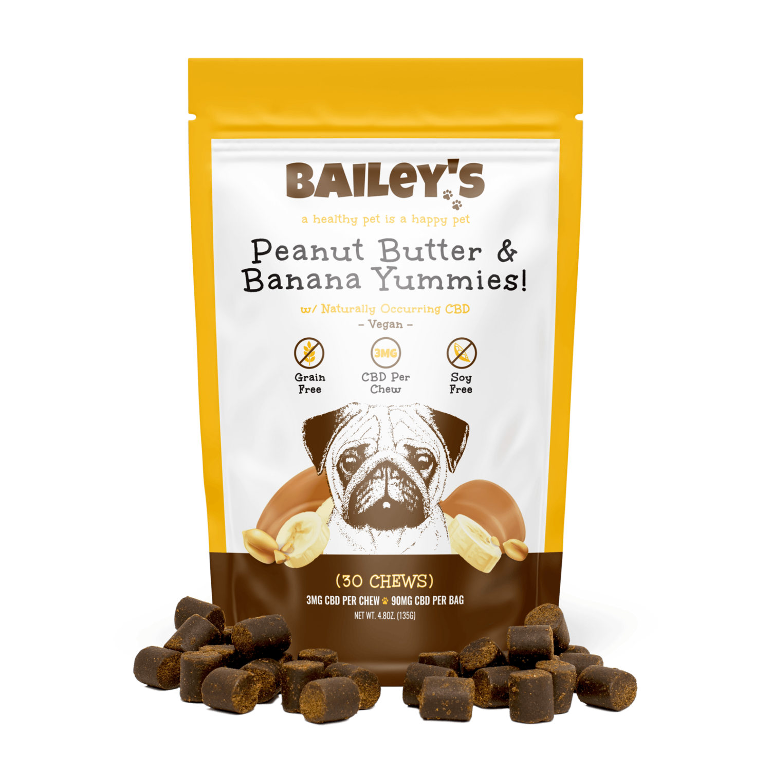 Bailey's Peanut Butter & Banana Yummies! 30 Count Bag w/ 3MG CBD Per Chew