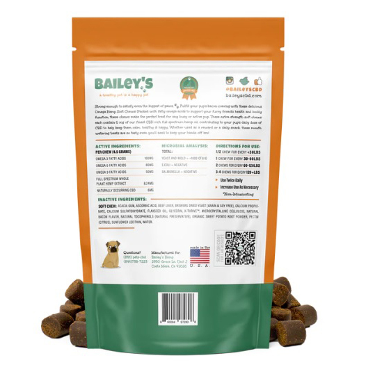 Bailey's Bacon Flavored Omega Hemp Soft Chews 30 Count Bag w/ 3MG CBD Per Chew