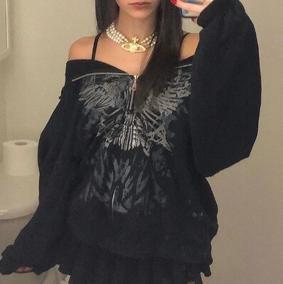 Y2K Gothic Butterfly Print Oversize Zip Up Hoodie