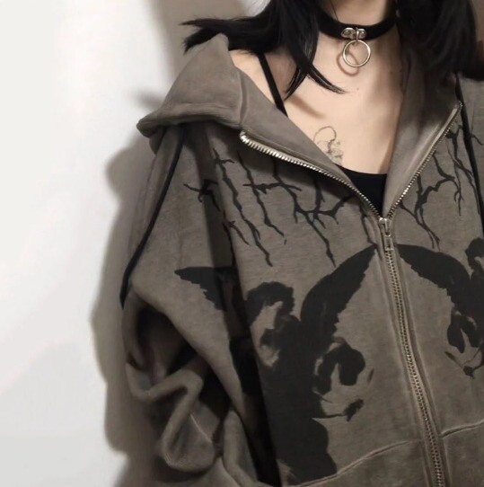 Goth Streetwear Hoodie Angel Dark Print Zipper Jacket Coat Harajuku Y2K Hooded Top Clothes Men and Women Punk Outwear