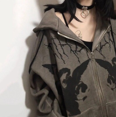 Goth Streetwear Hoodie Angel Dark Print Zipper Jacket Coat Harajuku Y2K Hooded Top Clothes Men and Women Punk Outwear