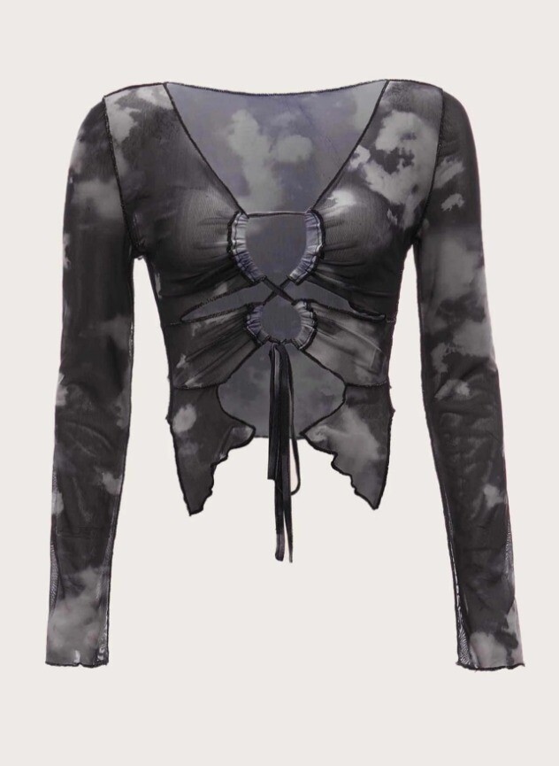 Tie Dye Lettuce Trim Lace Up Crop Mesh Top