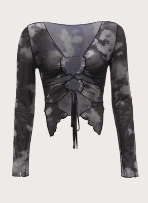 Tie Dye Lettuce Trim Lace Up Crop Mesh Top