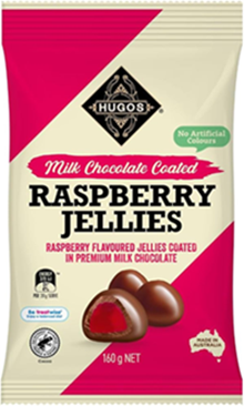 HUGOS MILK CHOCOLATE COVERED RASPBERRY JELLIES (180G)