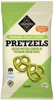 HUGOS PISTACHIO CREAM COATED PRETZELS (120G) HUGOS PISTACHIO CREAM COATED PRETZELS (120G)