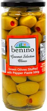 STUFFED GREEN OLIVES WITH PEPPER PASTE (500G) STUFFED GREEN OLIVES WITH PEPPER PASTE (500G)