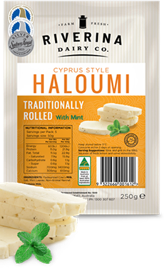 RIVERINA HALOUMI CHEESE CYPRUS STYLE TRADITIONALLY ROLLED WITH MINT (250G) RIVERINA HALOUMI CHEESE CYPRUS STYLE TRADITIONALLY ROLLED WITH MINT (250G)