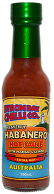 BYRON BAY CHILLI CO. HEAVENLY HABANERO HOT SAUCE WITH MANGO AND LEMON EXTRA HOT (150ML) BYRON BAY CHILLI CO. HEAVENLY HABANERO HOT SAUCE WITH MANGO AND LEMON EXTRA HOT (150ML)