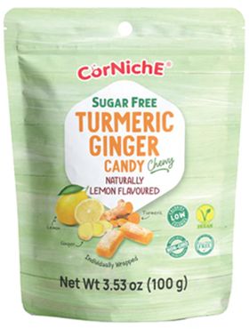 CORNICHE SUGAR FREE TUMERIC GINGER CHEWY CANDY NATURALLY LEMON FLAVOURED (100G) CORNICHE SUGAR FREE TUMERIC GINGER CHEWY CANDY NATURALLY LEMON FLAVOURED (100G)
