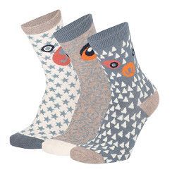 Kinder Socke Gr. 23-38 - Eule - hellblau/sand -  3 Paar