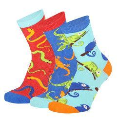Kinder Socke Gr. 23-38 - Echse - rot/hellblau -  3 Paar