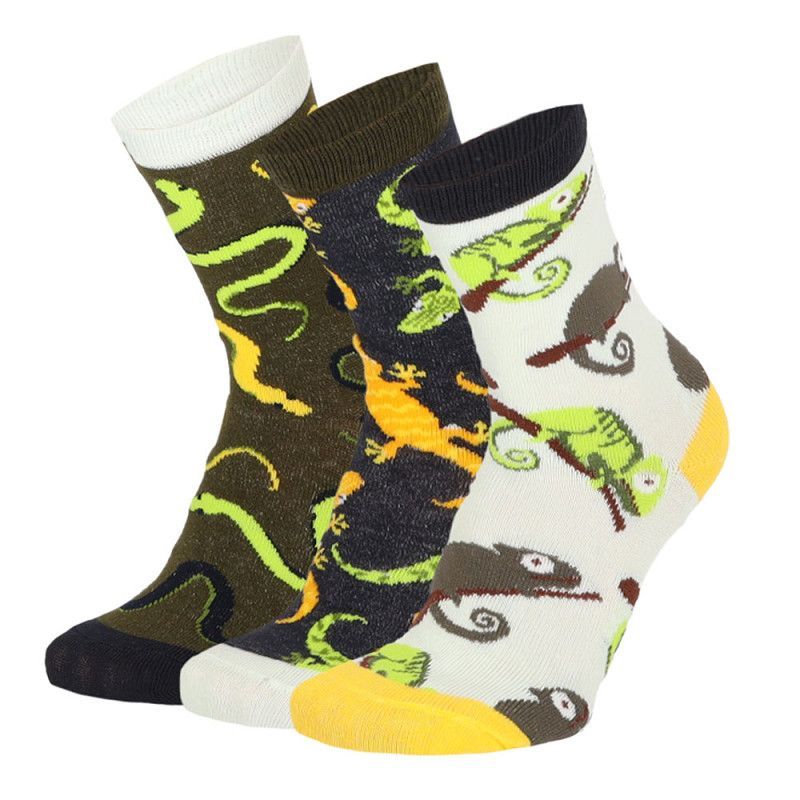 Kinder Socke Gr. 23-38 - Echse - oliv/ecru -  3 Paar