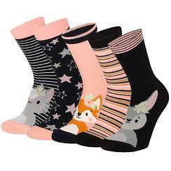 Kinder Socke Gr. 23-38 - Tiere lachs/schwarz - 5 Paar
