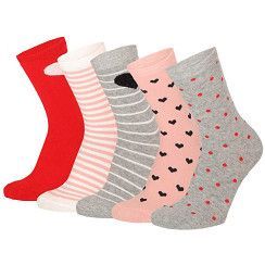 Kinder Socke Gr. 23-38 - Herz/Punkte - rot/grau - 5 Paar