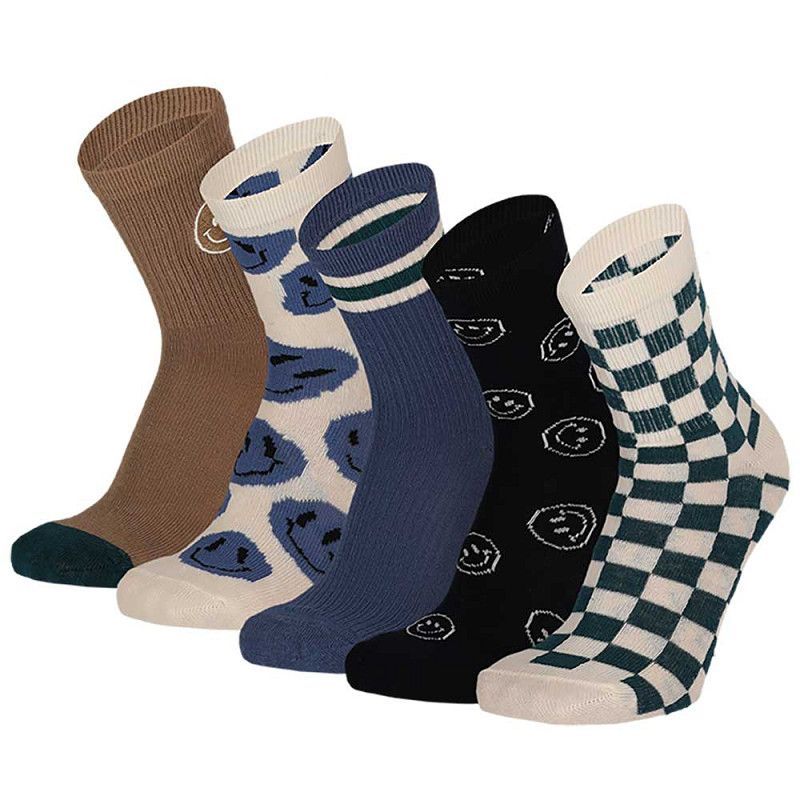 Kinder Socke Gr. 23-38 - Karo/Punkte - ecru/blau/grün - 5 Paar