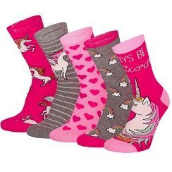 Kinder-Socke Gr. 31-38 - Einhorn/Glitzer - pink -  5 Paar