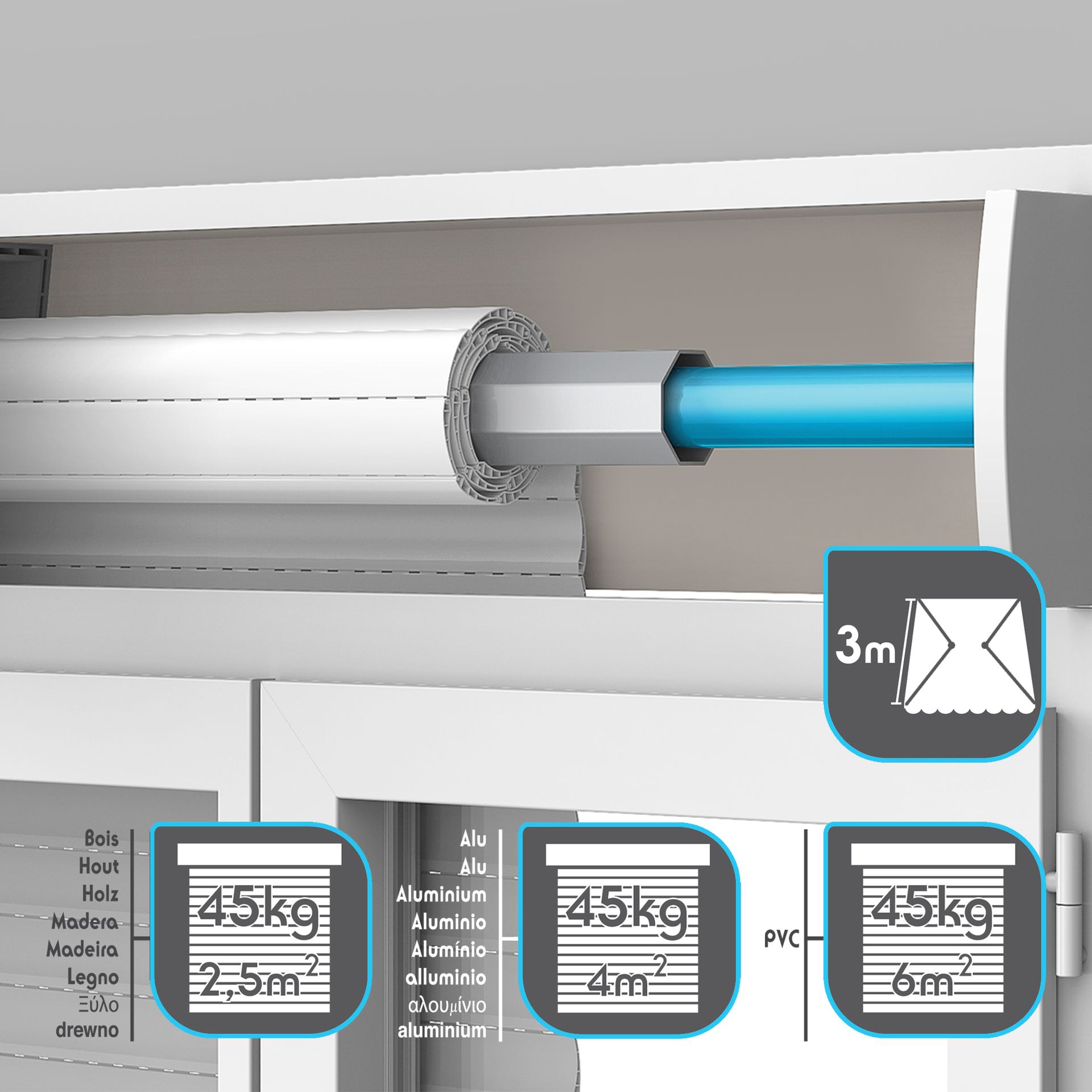 Motore per tapparelle e tende da sole
LEIN
• Per motorizzare tapparelle in legno di 45 Kg di peso e 2,5 m2 di superficie
• Per motorizzare tapparelle in PVC di 45 Kg di peso e 6 m2 di superficie
• Per