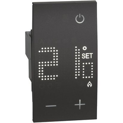 Termostato ambiente elettronico - uscita a relè con 1 contatto in in deviazione libero da potenziale 5 (2) A. - alimentazione 230 Va.c. - 2 moduli, Nero