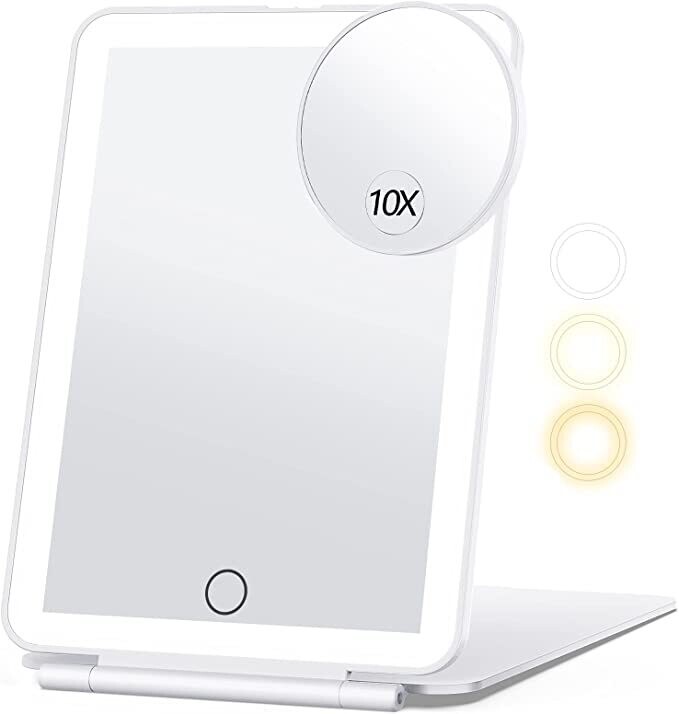 Travel Makeup Mirror with 10X Magnifying Mirror, Vanity 80LEDs, 3 Colour  Lighting, Rechargeable 2000mAh Batteries,