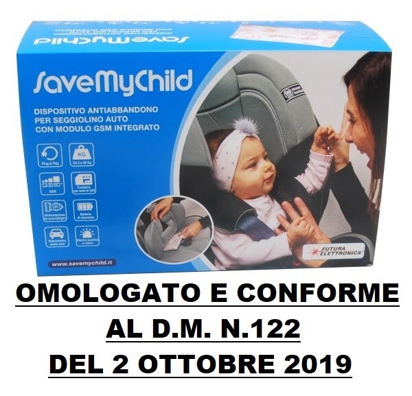 DISPOSITIVO ANTIABBANDONO SALVABEBE' PER SEGGIOLINO AUTO OMOLOGATO CONFORME AL D.M. N.122 DEL 2 OTTOBRE 2019 - SAVE MY CHILD