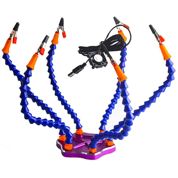 STAZIONE DI LAVORO 6 BRACCI FLESSIBILI A COCCODRILLO CON LENTE INGRANDIMENTO 3X ORIENTABIE, VENTOLA USB PER ASSORBIRE FUMO - TERZA MANO