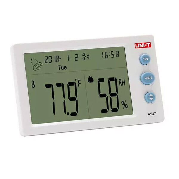 TERMOMETRO E IGROMETRO (UMIDITÀ DELL’AMBIENTE) DA INTERNO CON AMPIO DISPLAY LCD E FUNZIONE SVEGLIA – SUPPORTO DA TAVOLO E PARETE