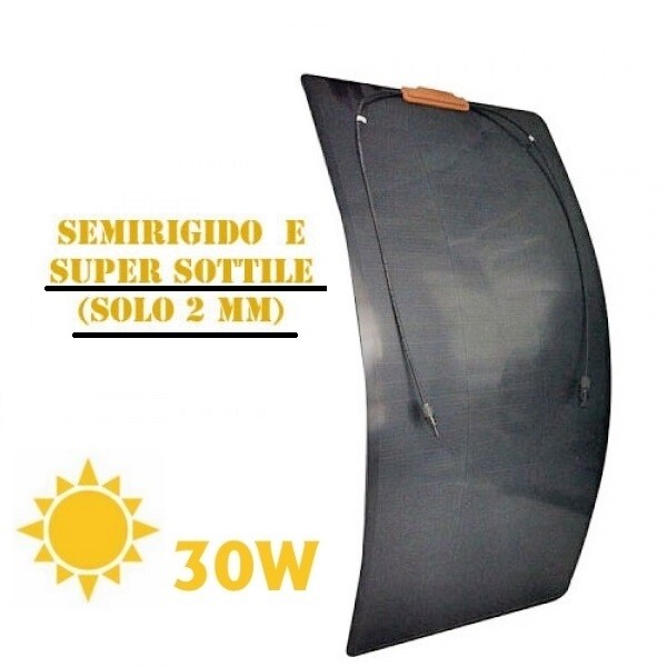 PANNELLO SOLARE SUPERSOTTILE ALTA EFFICIENZA MONOCRISTALLINO SEMIRIGIDO IMPERMEABILE 12V - 30W