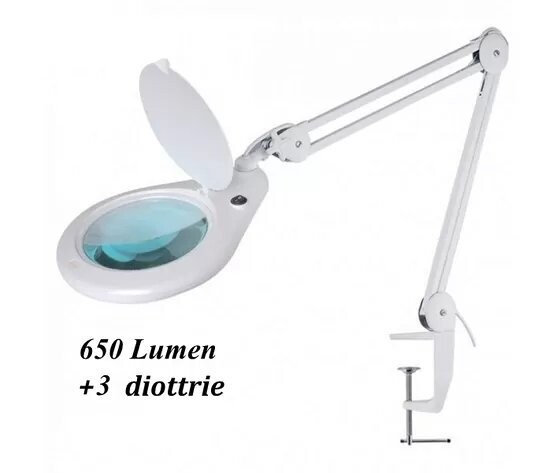 LAMPADA DA LAVORO CON BRACCIO A PANTOGRAFO DI PRECISIONE A 56 LED CON LENTE INGRANDIMENTO 3 DIOTTRIE E COPERCHIO. FISSAGGIO MORSETTO A VITE.