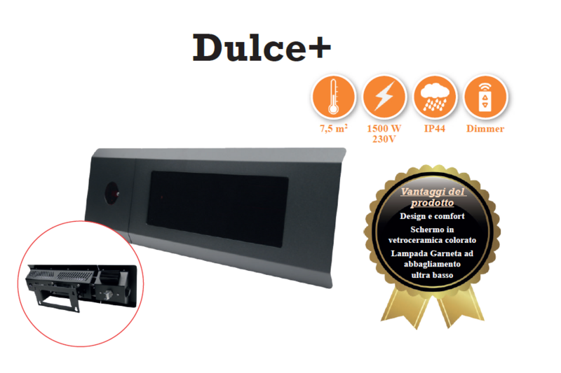 LAMPADA RISCALDANTE DULCE + 1500W (7.5 Mq) A INFRAROSSI DIMMERABILE CON LAMPADE GARNETA AD ABBAGLIAMENTO ULTRA BASSO IP44