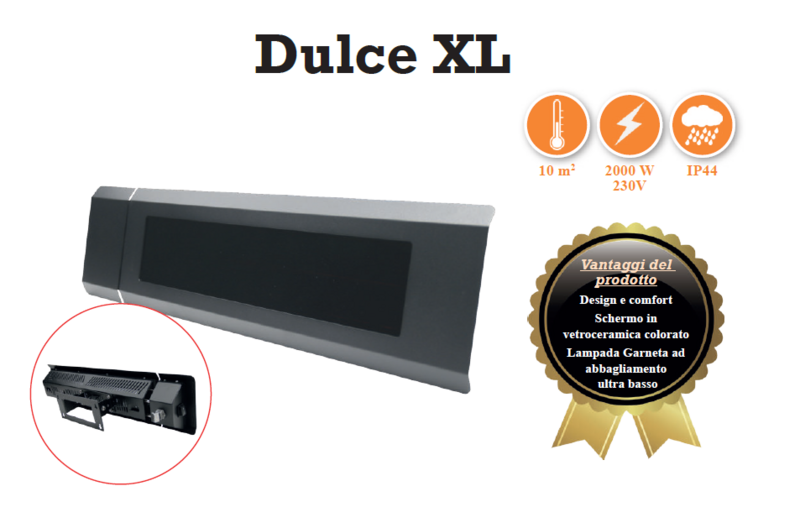 LAMPADA RISCALDANTE DULCE XL 2000W (10 Mq) A INFRAROSSI MOLTO DISCRETO PER SPAZI ESTERNI O SEMIAPERTI IP44