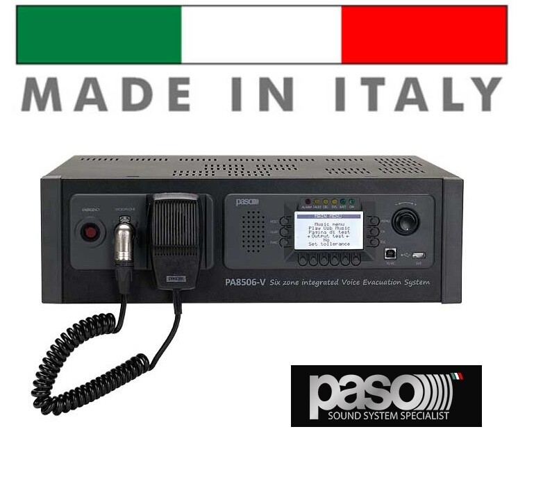 SISTEMA COMPATTO INTEGRATO PA8506-V PASO CON FUNZIONI D’EMERGENZA VOCALE E DI SONORIZZAZIONE PER USO GENERALE: CONSENTE LA DIFFUSIONE DELLA MUSICA DI SOTTOFONDO E DELLE CHIAMATE GENERALI O DI ZONA