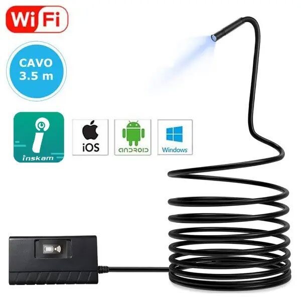 TELECAMERA ENDOSCOPICA WI-FI PER SMARTPHONE PER ISPEZIONI AMBIENTI STRETTI - CON MAGNETE, GANCIO PER RITRARRE FILI E SPECCHIETTO