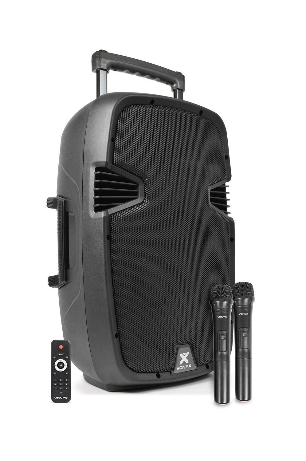 DIFFUSORE AMPLIFICATO PORTATILE DA 500W CON 2 RADIOMICROFONI UHF E LETTORI AUDIO BLUETOOTH - CD - MP3 - USB - SD