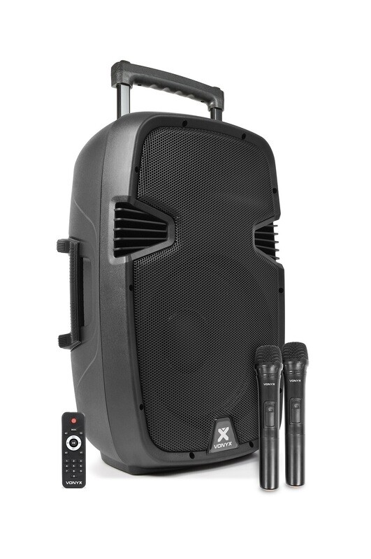 DIFFUSORE AMPLIFICATO PORTATILE DA 500W CON 2 RADIOMICROFONI UHF E LETTORI AUDIO BLUETOOTH - CD - MP3 - USB - SD