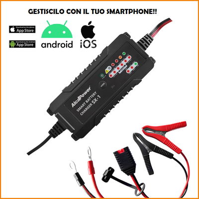 CARICABATTERIE SWITCHING AUTOMATICO 6A 6V E 12V 1.2-150Ah LiFePO4 - SMART BATTERY CHARGER SX-1 PER BATTERIE LITIO E PIOMBO GESTIBILE DA APP iOS E ANDROID - CARICA FINO A 3 BATTERIE CONTEMPORANEMANTE